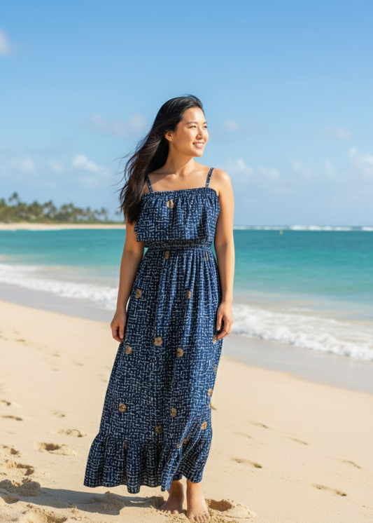 Moana Long Dress in Golden Hibiscus Print