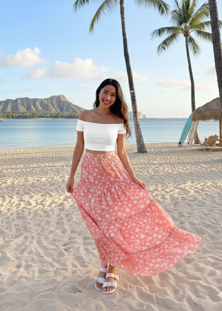 Roa Palm Tree Rayon Skirt with Elastic Waist