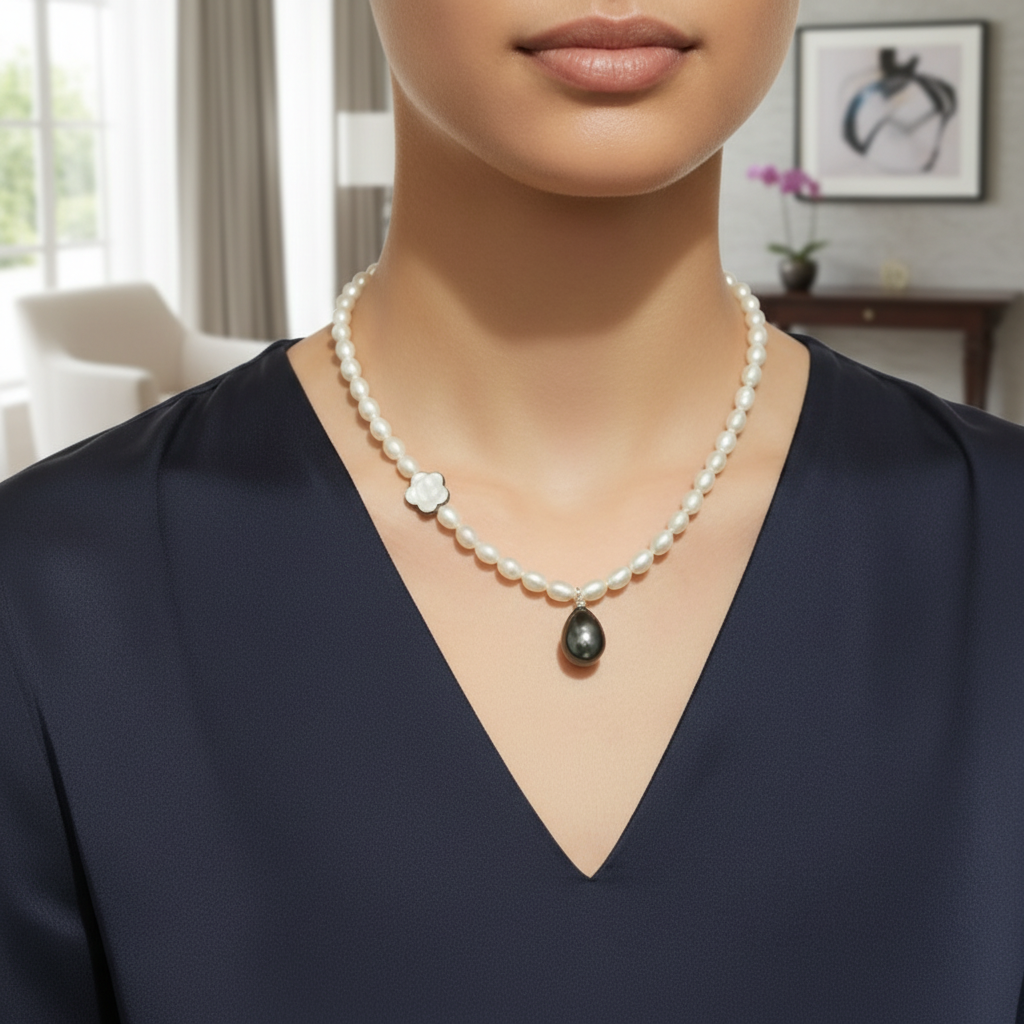 Freshwater Pearl with Black Pearl Pendant and MOP Flower Necklace