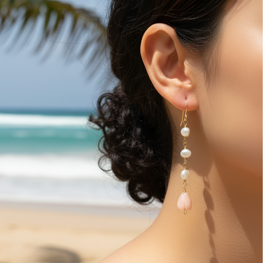 Pink Pikake with fresh pearl earring 14K gold filled