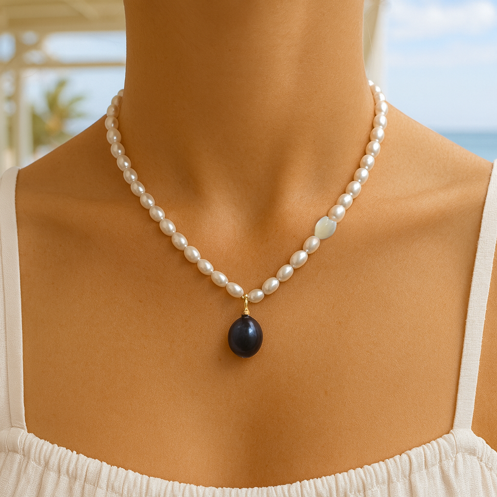 Freshwater Pearl with Black Pearl and Pekake Pendant Necklace