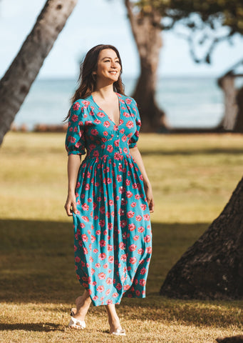 Moana Long Blue Hibiscus Hawaiian Dress