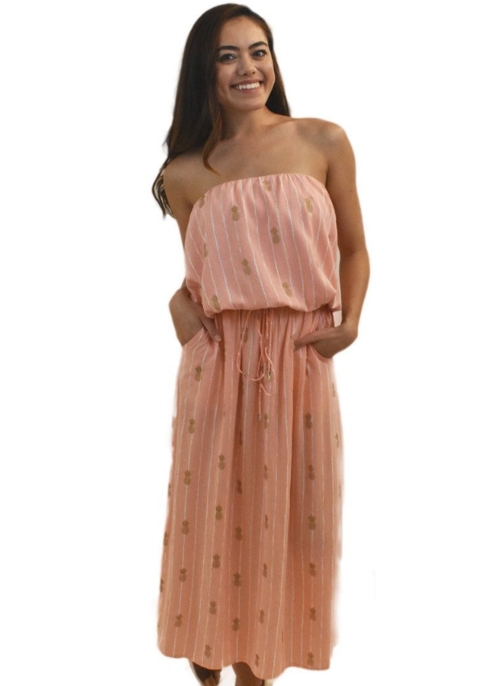 Pink long dress with gold stamp pineapple with straps and center tie and white stripes