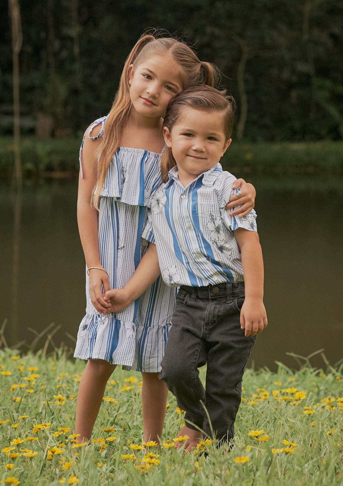 Bou and Girl Matching Blue Hibiscus Hawaiian outfit 