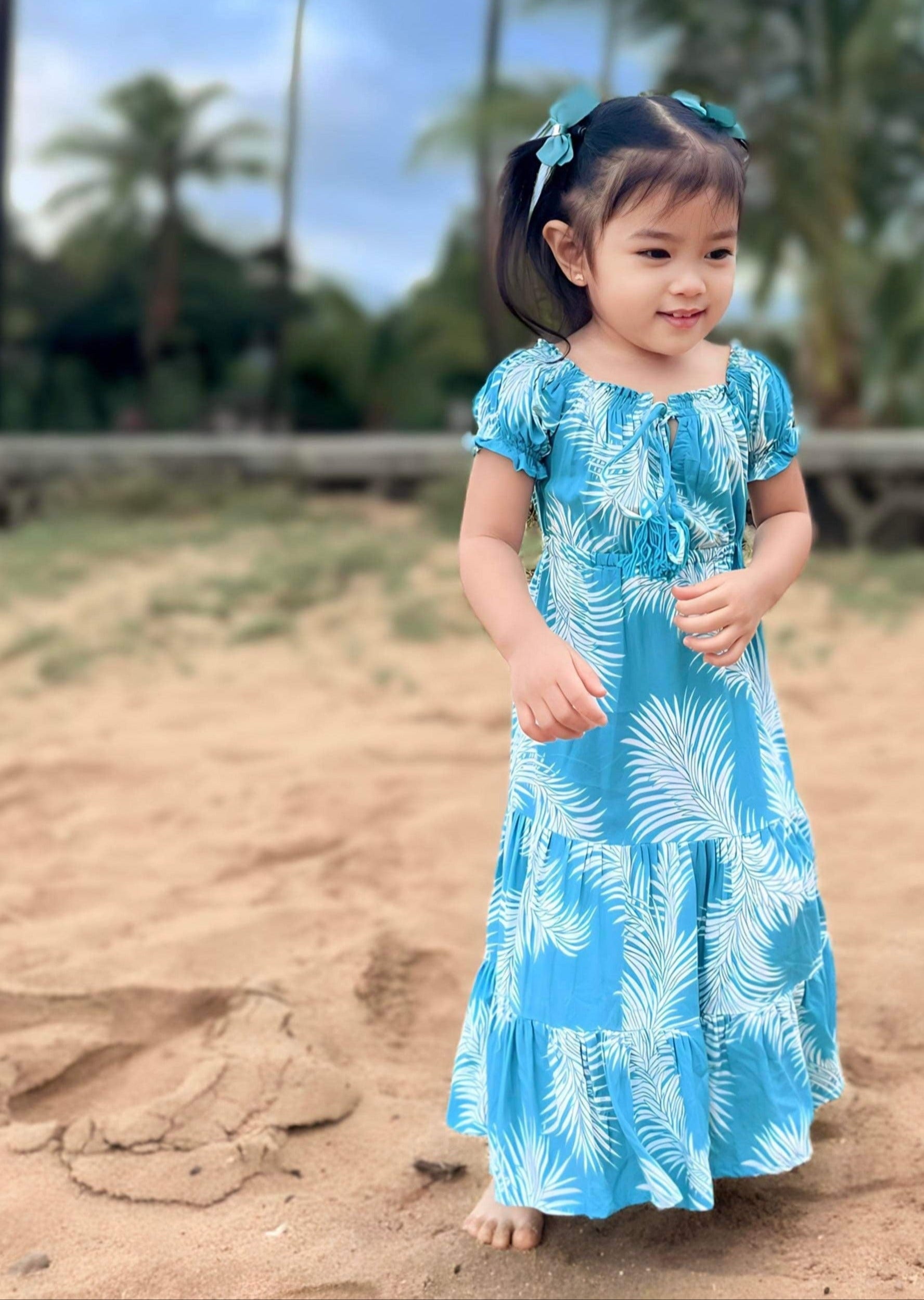 Nalani Girl's Shaded Leaves Dress Blue 1-2