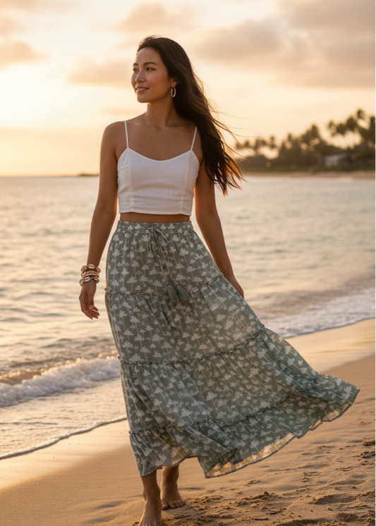Roa Palm Tree Rayon Skirt with Elastic Waist
