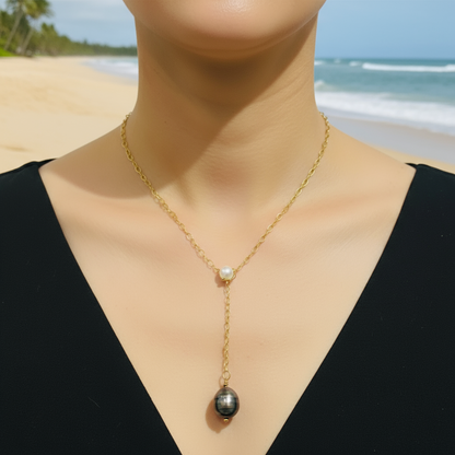 Aborone Monstera, Tahitian Black Pearl Necklace