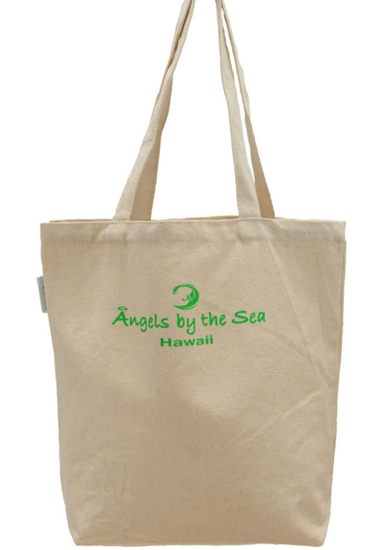Black Side of Large Cavas Hawaiian tote with Pink Pineapple under the words Aloha.  Logo at the top Angels By The Sea Hawaii 