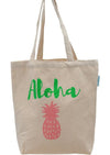 Large Cavas Hawaiian tote with Pink Pineapple under the words Aloha.