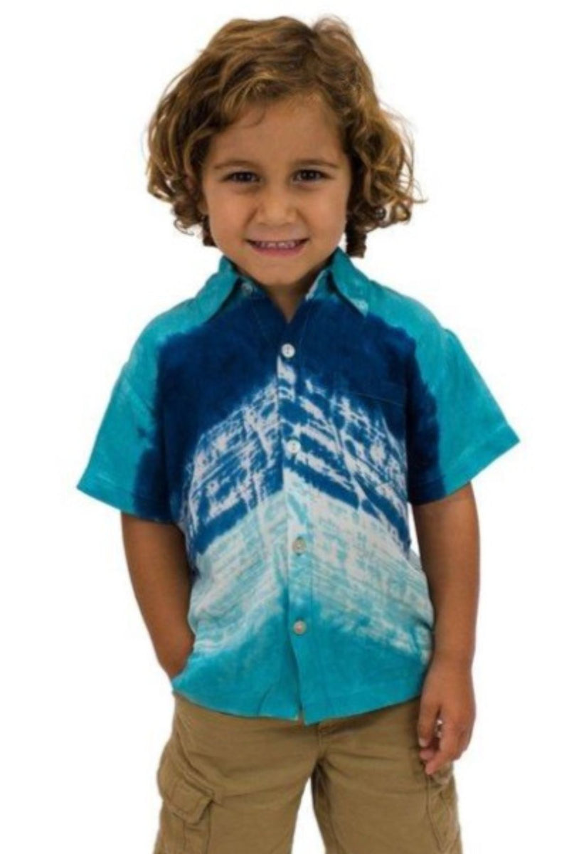 This lightweight and dressy Boys Hawaiian Shirt in Wave is where tye-dye and Hawaiian dress come together.     the Boys Hawaiian Shirt in Wave is made with super soft 100% rayon this shirt is a loose fit, breathable, soft, comfortable, and durable for long-time use.