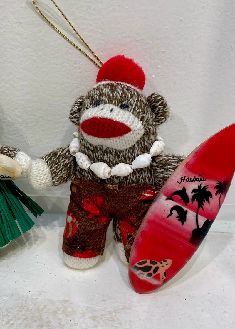 Sock Monkey With Surfboard Ornament