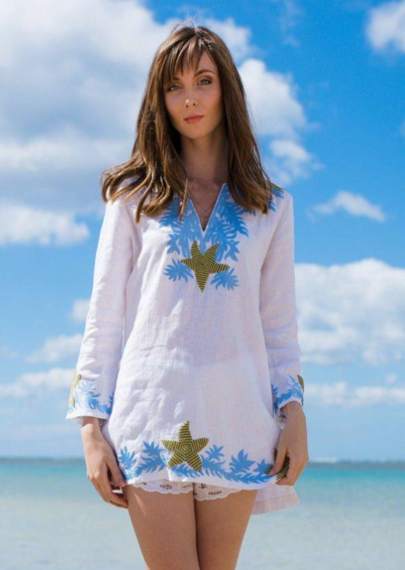 Hand embroidered tunic with starfish and blue trim 