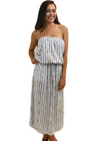 White long dress with gold stamp pineapple with straps and center tie and navy stripes