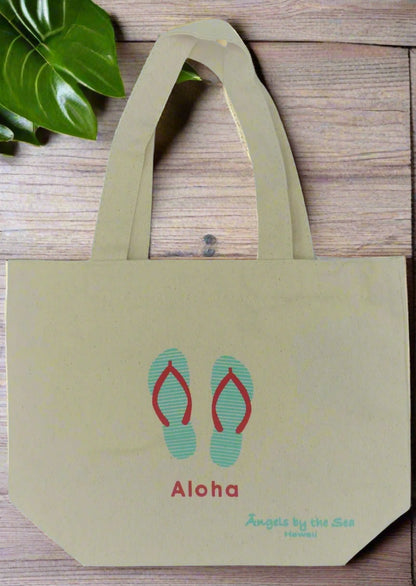 Mini tote bags with Hawaiian Slippers and the word Aloha at the bottom  Edit alt text