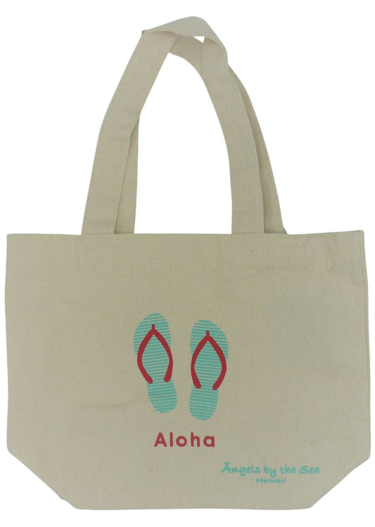 Mini tote bags with Hawaiian Slippers and the word Aloha at the bottom  Edit alt text