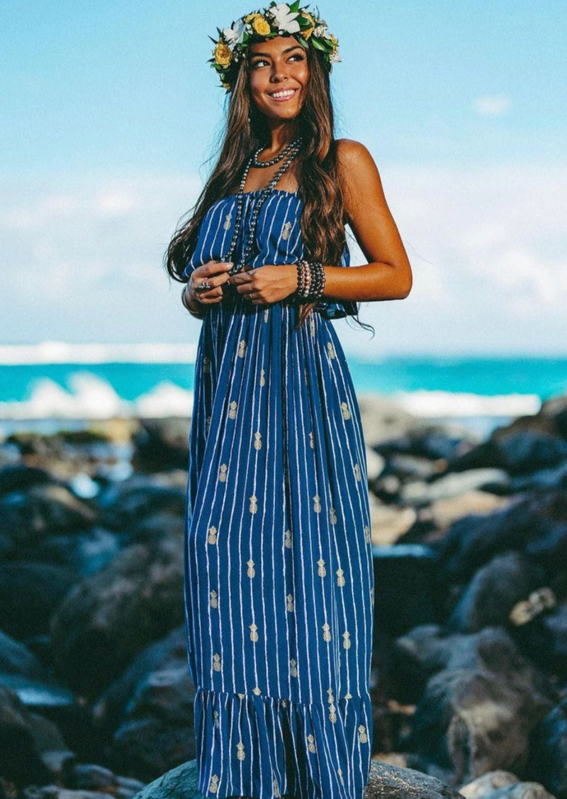 The Moana Long Hawaiian Dress Pineapple Print is a tribute to the Islands of Hawai’i and the oceans that surround it.   It is no surprise that the Angels By The Sea Hawaii exclusive Moana Long Hawaiian Dress Pineapple Print is so popular among our guests.