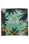 Hemp Pillow Case looking up at palm trees with the word Aloha