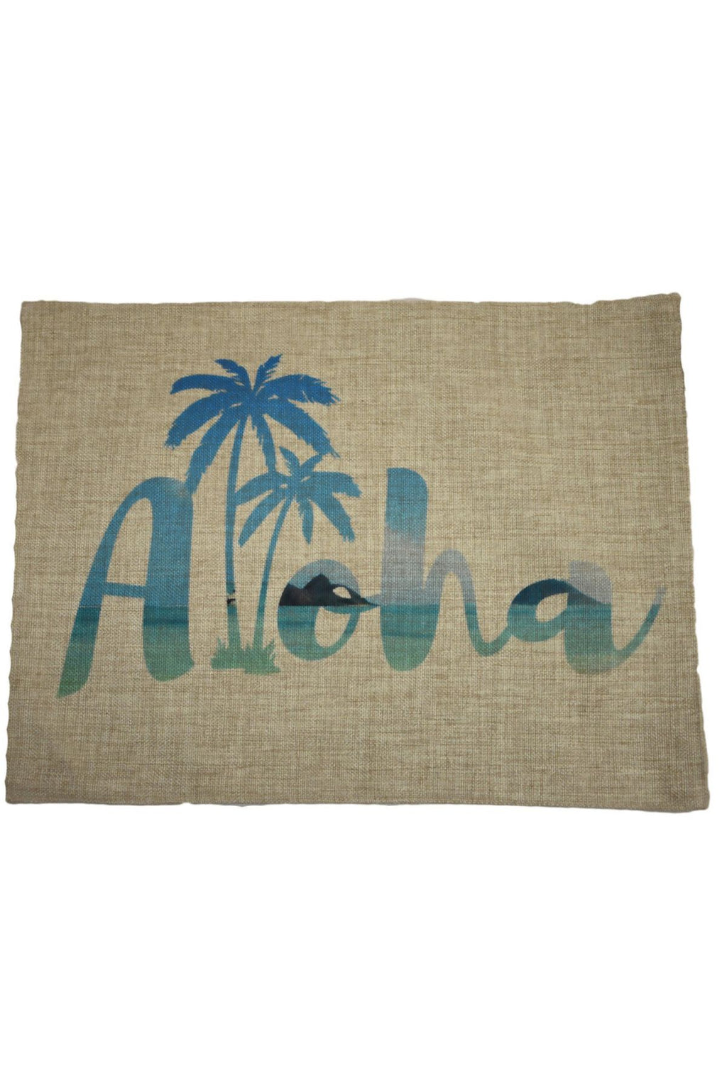 Place mat Made out of Hemp and has Fancy aloha with pal trees ion the front.