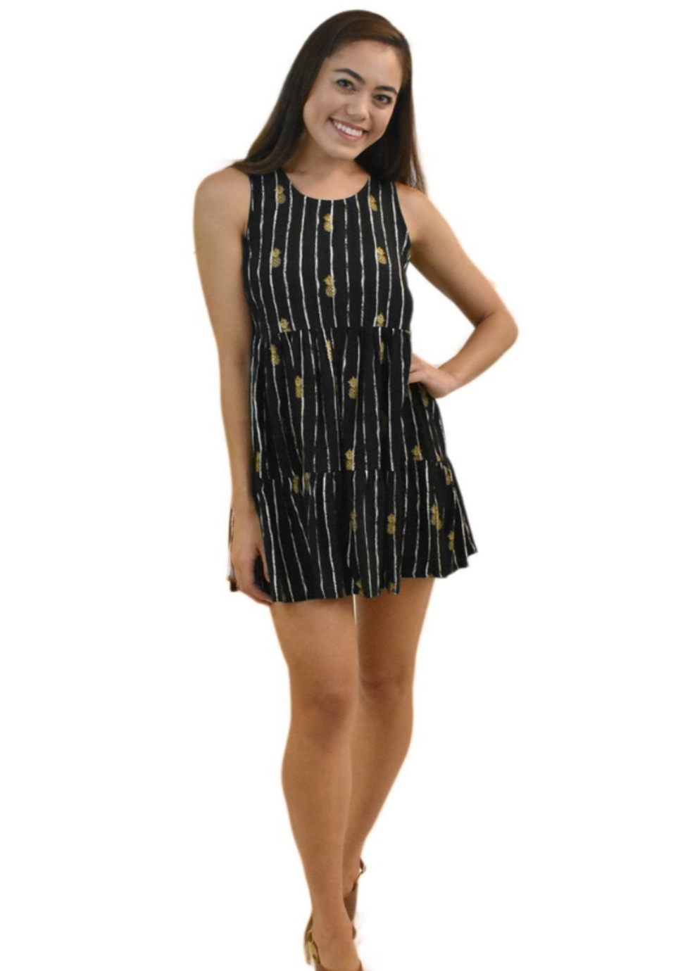 Black sleeveless short dress with golden pineapples