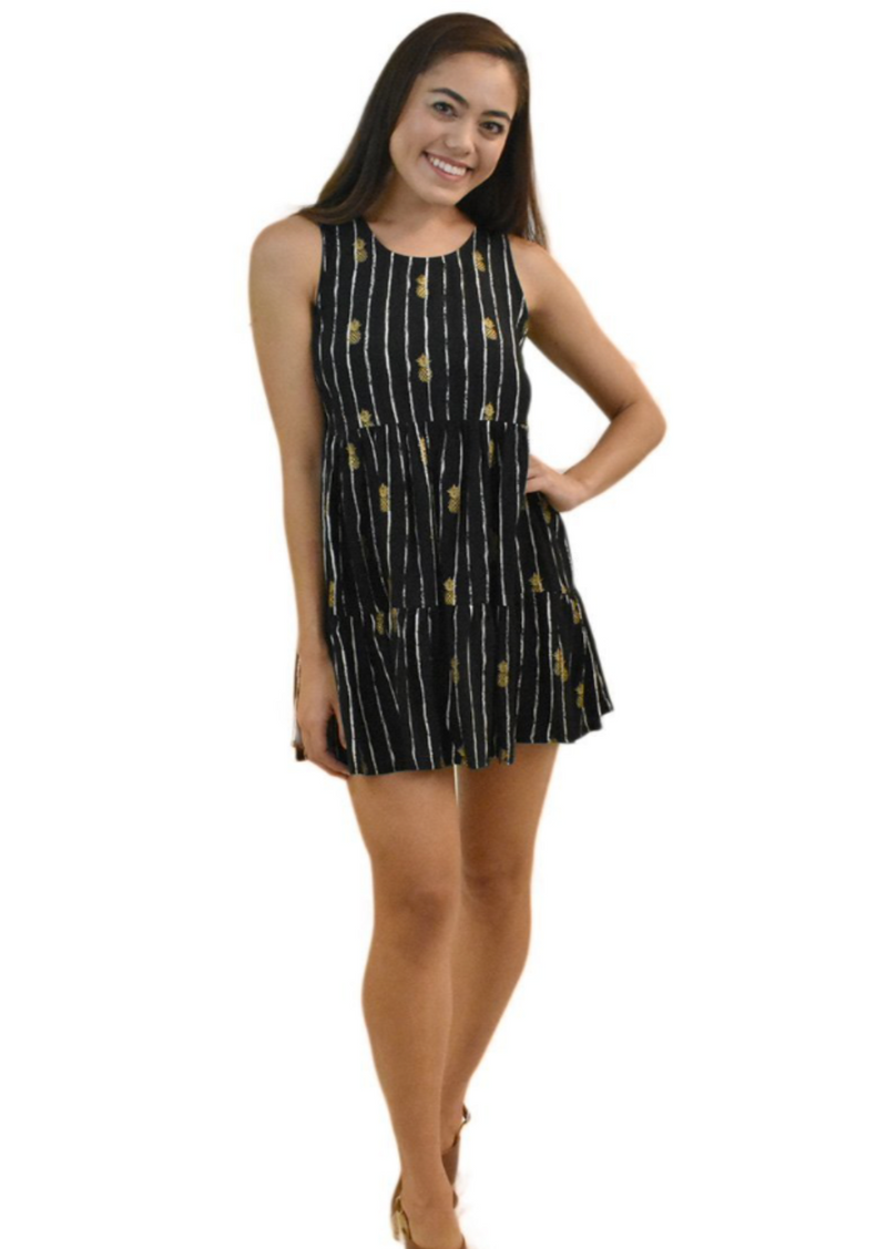 Black sleeveless short dress with golden pineapples